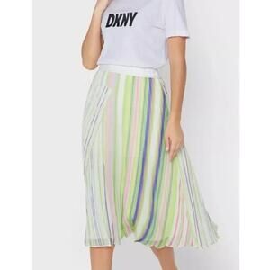 DKNY Midi Skirt Womens L Pleated Crinkle Chiffon Striped Pull On A-Line Boho NWT